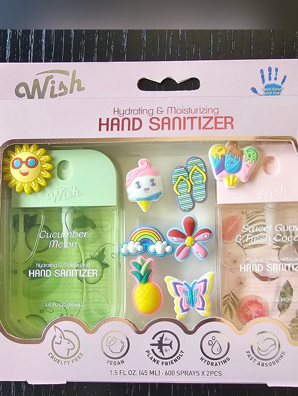 Wish Hand Sanitizer Spray w/Charms 2 Pack Gift Set ~ Cucumber Melon/Sweet Guava